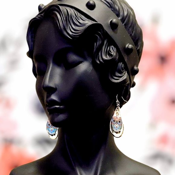 🆕MBM Tear Drop Framed Enamel Owl Earrings, Stainless Steel - Picture 7 of 10